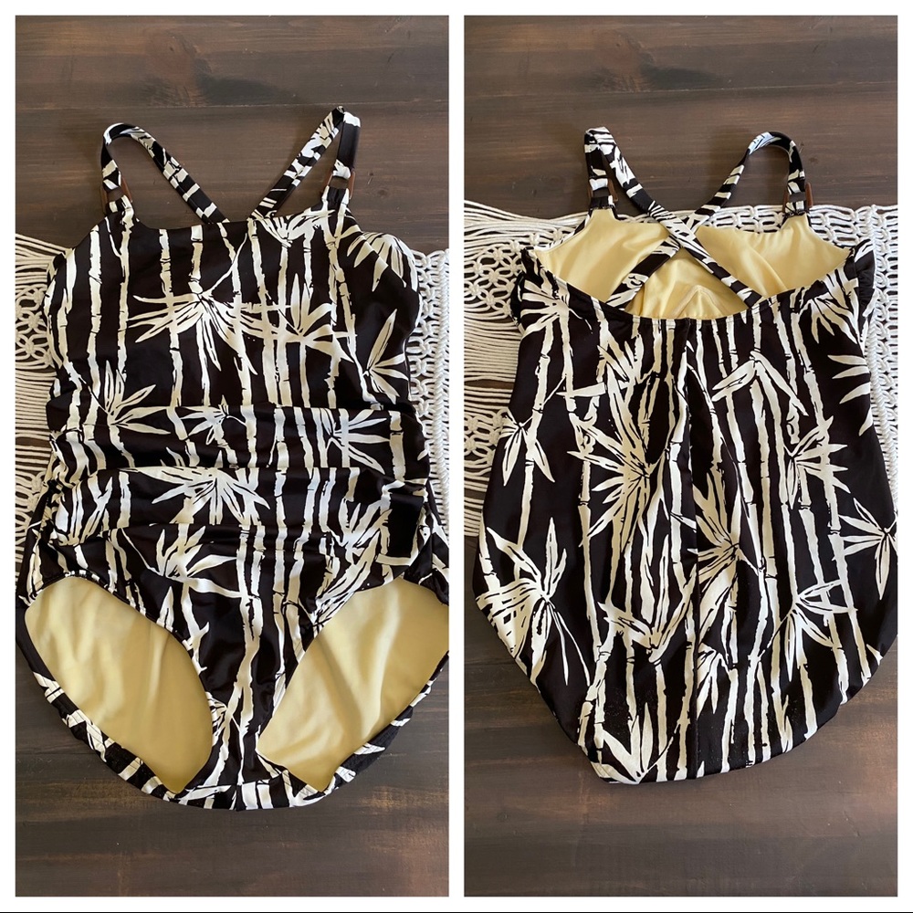 Lands' End Black and Cream Tropical One-Piece Swimsuit